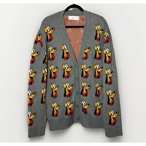 Disney Pluto Sweater Unisex Large Plush Gray Cardigan 100% Cotton All Over Print